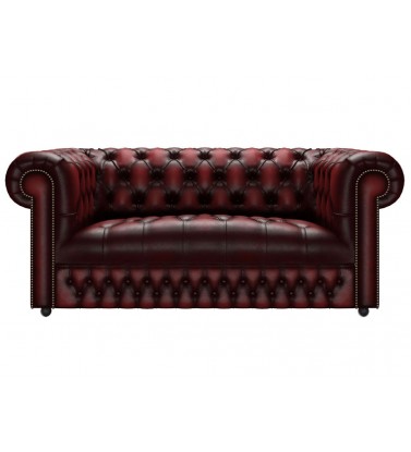 Chesterfield Button Seat Genuine Leather Antique Oxblood Red 2 Seater Sofa