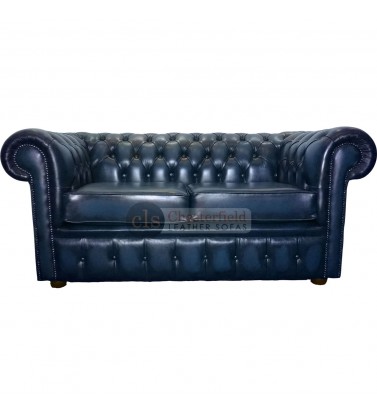 Chesterfield Genuine Leather Antique Blue Two Seater Sofa