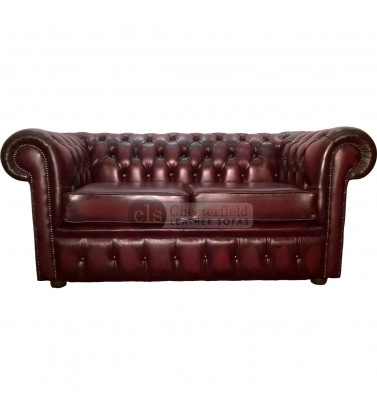 Chesterfield Genuine Leather Antique Oxblood Red Two Seater Sofa