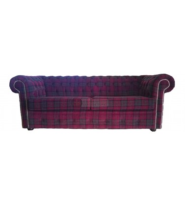 Red Tartan Three Seater Chesterfield Fabric Sofa