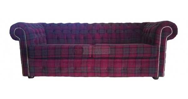 Red Tartan Three Seater Chesterfield Fabric Sofa