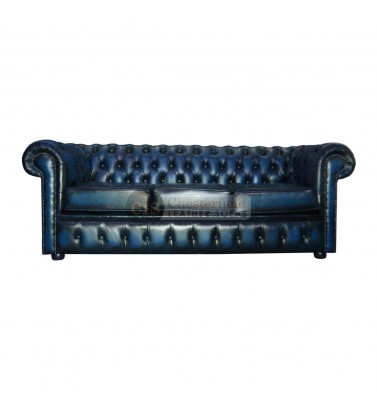 Chesterfield Genuine Leather Antique Blue Three Seater Sofa