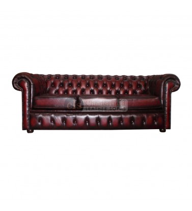 Chesterfield Genuine Leather Antique Oxblood Red Three Seater Sofa