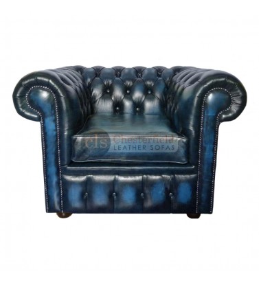 Chesterfield Genuine Leather Antique Blue Club Chair