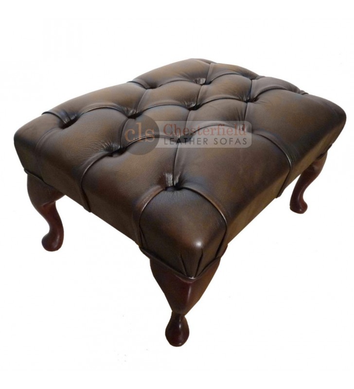Chesterfield Antique Brown Genuine, Brown Leather Footstool