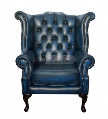 Chesterfield Genuine Leather Antique Blue Queen Anne Armchair