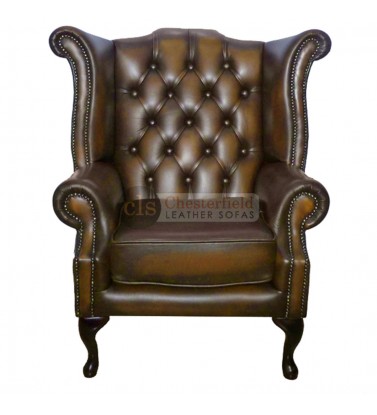 Chesterfield Genuine Leather Antique Brown Queen Anne Armchair