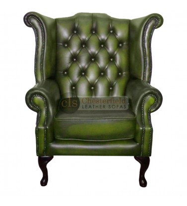 Chesterfield Genuine Leather Antique Green Queen Anne Armchair