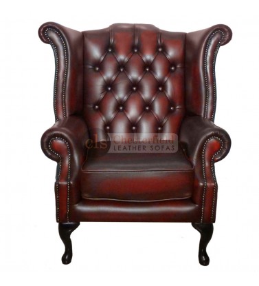 Chesterfield Genuine Leather Antique Oxblood Red Queen Anne Armchair