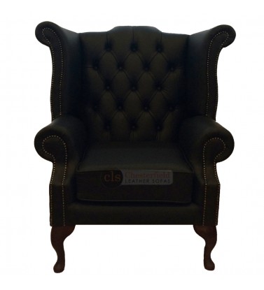 Chesterfield Genuine Leather Black Queen Anne Armchair