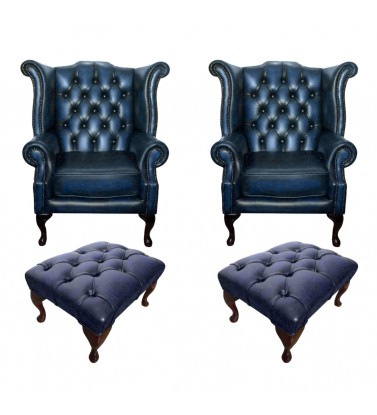 Chesterfield Genuine Leather Queen Anne Armchair Set of Two With Footstools