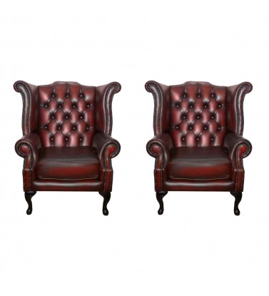 Chesterfield Genuine Leather Queen Anne Armchair Set of Two