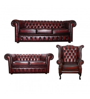 Chesterfield Genuine Leather Three and Two Seater Sofa and Queen Anne Armchair Suite