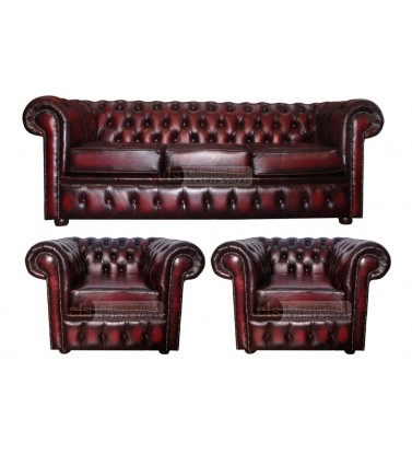 Chesterfield Genuine Leather Three Seater Sofa and Two Club Chairs
