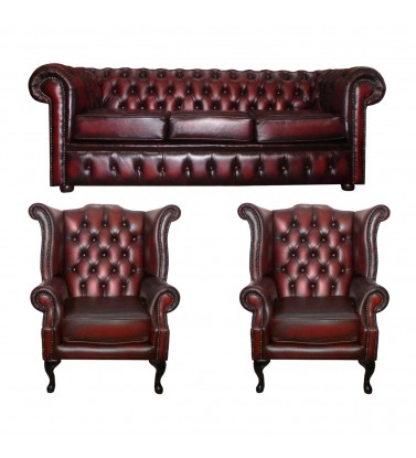 Chesterfield Genuine Leather Three Seater and Two Queen Anne Armchairs