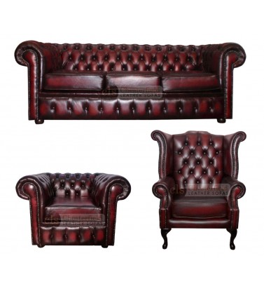 Chesterfield Genuine Leather Three Seater Sofa and a Queen Anne and Club Chair