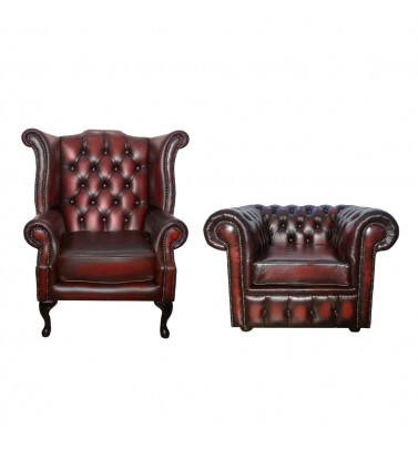 Chesterfield Genuine Leather Club Chair and Queen Anne Armchair