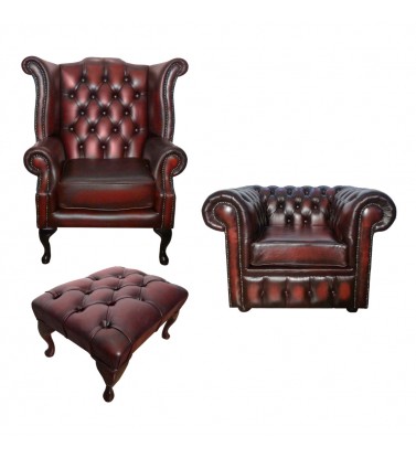 Chesterfield Genuine Leather Club Chair and Queen Anne Armchair Set With Footstool